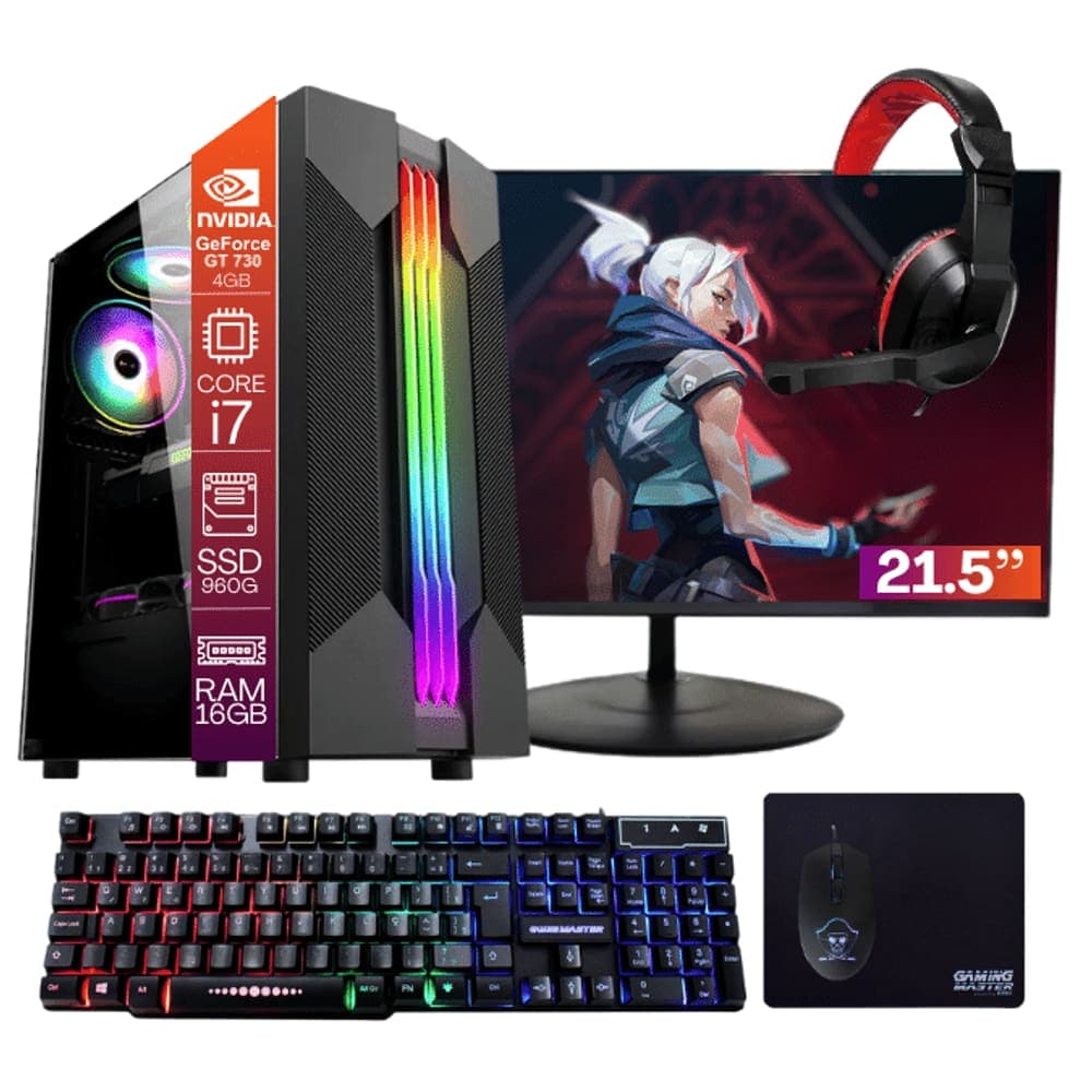Computador Gamer TOB Core i7 SSD 960GB 16GB VGA GT730 4GB Windows 10 Pro Trial + Teclado/Mouse + Mouse Pad + Headset + Monitor 21.5