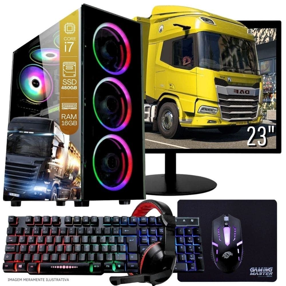 Computador Gamer Completo TOB Intel Core i7 SSD 480GB 16GB Teclado Mouse Mouse Pad e Headset Gamer Monitor 23” Windows 10 Pro Trial