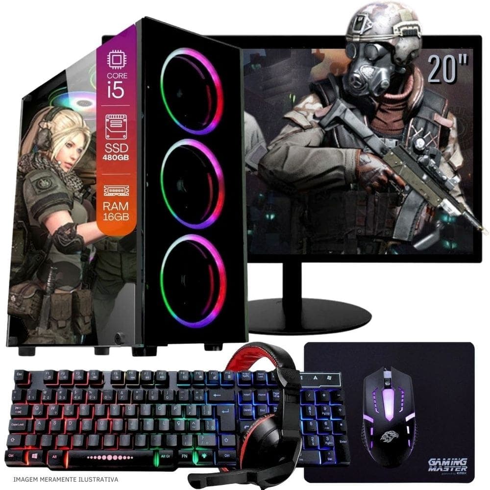 Computador Gamer Completo TOB Intel Core i5 SSD 480GB 16GB Teclado Mouse Mouse Pad e Headset Gamer Monitor 20” Windows 10 Pro Trial
