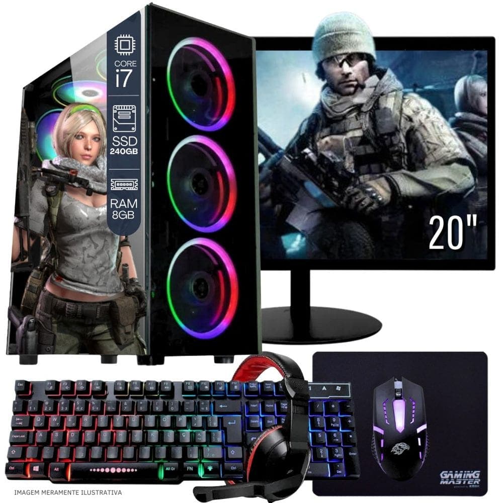 Computador Gamer Completo TOB Intel Core i7 SSD 240GB 8GB Teclado Mouse Mouse Pad e Headset Gamer Monitor 20” Windows 10 Pro Trial