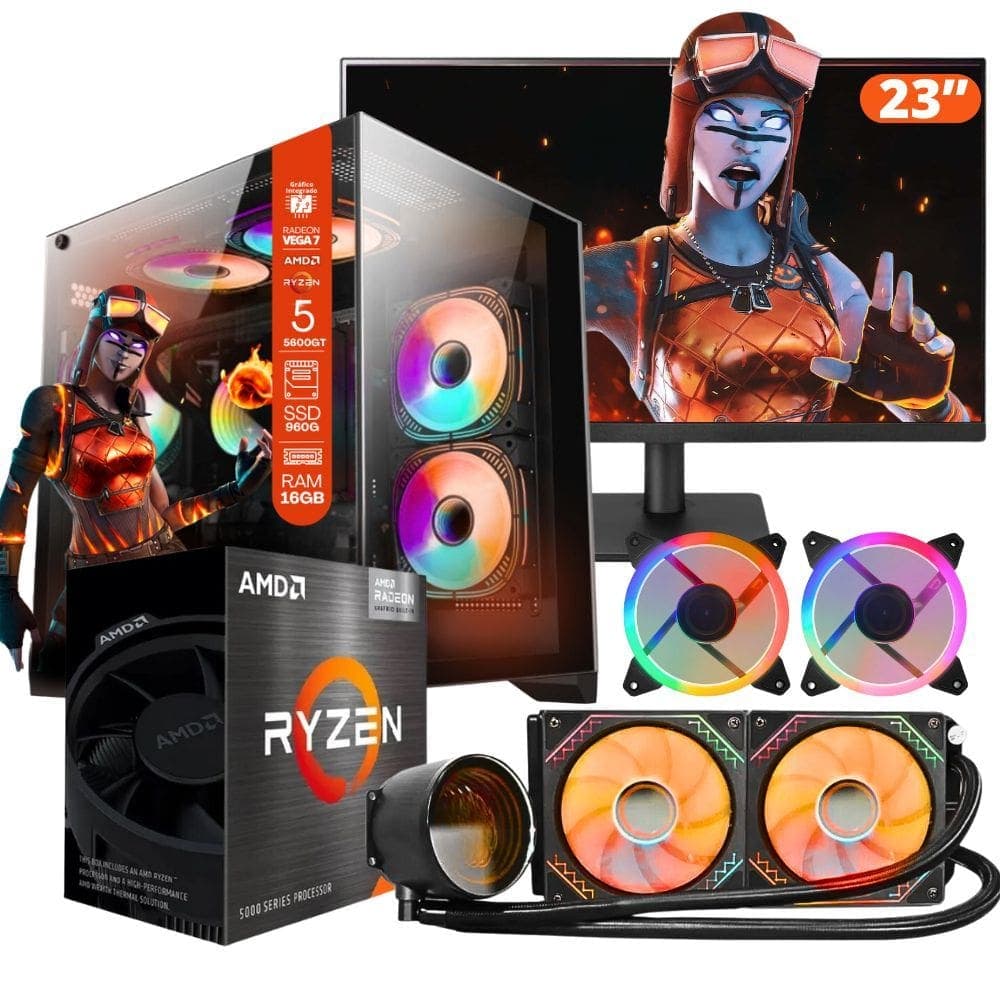 PC Gamer AMD Ryzen 5 5600GT, 16GB RAM, Placa de video Radeon Vega 7, SSD 960GB, Fonte 550W, Gabinete Aquário, Water Cooler + Monitor 23” LED 75hz