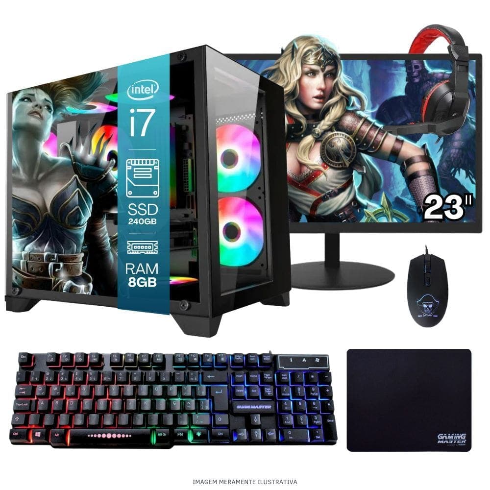 Computador PC Gamer Completo TOB Intel Core i7 SSD 240GB 8GB Gabinete Aquário Teclado Mouse Mouse Pad e Headset Gamer Monitor 23” Windows 10 Pro