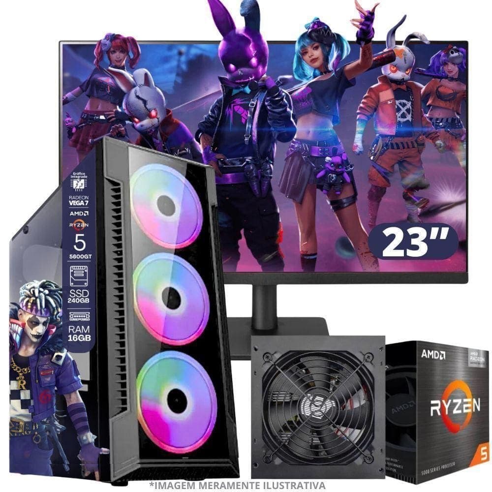 Pc Gamer Amd Ryzen 5 5600gt, 16gb Ram, Placa De Video Radeon Vega 7, Ssd 240gb, Fonte 550w + Monitor 23” Led 75hz