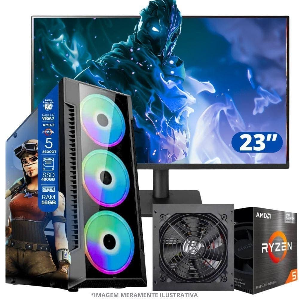 Pc Gamer Amd Ryzen 5 5600gt, 16gb Ram, Radeon Vega 7, Ssd 480gb, Fonte 550w Monitor 23” Led 75hz