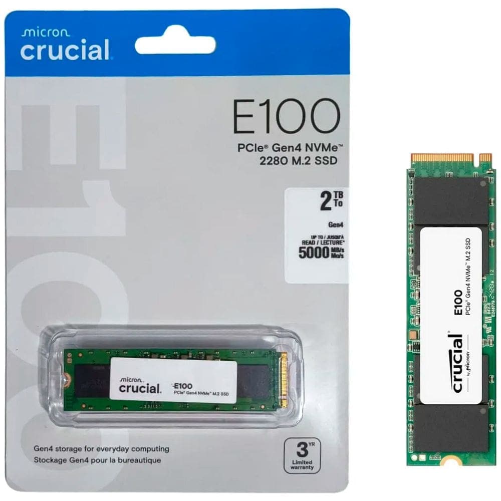 SSD Crucial E100 2TB, M.2 NVMe, PCIe Gen4, Leitura até 5000MB/s e Gravação até 4500MB/s - CT2000E100SSD8