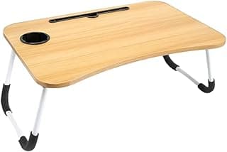Mesa Dobrável Portátil para Notebook com Suporte para Celular e Porta‑Copos – Ideal para Home Office e Estudos (Madeira)