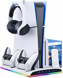 Base Cooler para PS5 Slim e PS5 Fat – Cooler com 2 Ventoinhas, Carregador Duplo para Controles DualSense, Iluminação RGB, Suporte para Headset e 3 Portas USB (Branco)