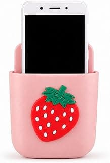 Suporte de Parede Autoadesivo para Smartphone, Controle Remoto, Controle de Ar-Condicionado, Escova de Dente, Pincéis de Maquiagem e Pequenos Objetos – Organizador Multiuso (Rosa com Morango)