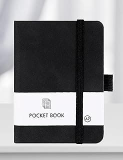 Pocket Notebook Small Notebook Journal Notebook 3.15 inches x 4.41 inches 200 Pages Leather Cover With Pen Holder Page Marker Ribbons(Black)