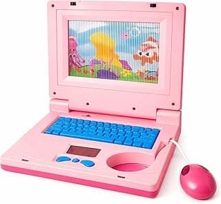 Notebook Infantil Musical Interativo com Luz, Teclado Educativo, Mouse e Adesivos, Rosa