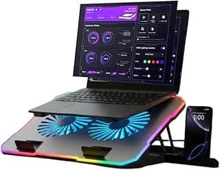 Suporte para Notebook Premium Silencioso Base Refrigerada com Cooler LED RGB Azul e Suporte para Celular Ventilação Silenciosa 2 Ventoinhas - JadeVic