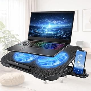 Suporte para Notebook com Cooler Duplo Silencioso, Base Refrigerada com LED Azul, Ajuste Ergonômico de Altura, USB Adicional e Suporte para Celular, Compatível com 12 a 17 Polegadas