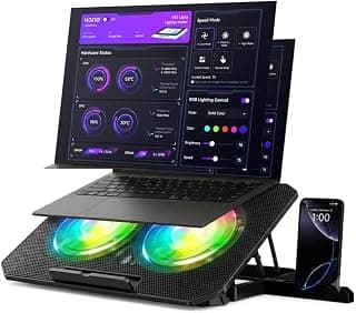 Suporte para Notebook Premium Silencioso Base Refrigerada com Cooler LED RGB Azul e Suporte para Celular Ventilação Silenciosa 2 Ventoinhas - JadeVic