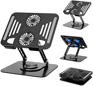 Suporte para Notebook de até 17” em Aço Carbono, Ajustável, Dobrável, Base Giratória 360° e Ventilação 2 coolers, Ergonômico e Portátil para Home Office e escritório, também para tablets e celulares