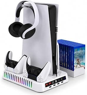 Dobe Base Cooler Multifuncional para PS5 Fat Slim Pro com Carregador de Controle DualSense, Suporte Vertical, Iluminação LED RGB, Suporte para Headset e 13 Jogos
