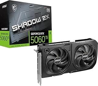 MSI Placa gráfica GeForce RTX 5060 Ti 16G SHADOW 2X OC PLUS - GPU RTX 5060 Ti, 16GB GDDR7 (28Gbps/128-bit), PCIe 5.0 - Design térmico de ventilador duplo (2 x ventoinhas STORMFORCE) - HDMI 2.1b