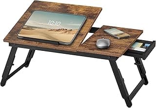 SONGMICS Mesa para Notebook de Cama, Mesa Dobrável com Ângulo e Altura Ajustáveis, Suporte para Laptop até 40 cm, para Trabalho, Leitura, Café da Manhã,Pés de Bambu, Gaveta, Marrom Rústico BRLLD105B01