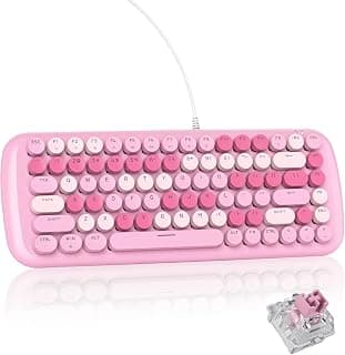 Teclado mecânico para jogos rosa cremoso, estética com retroiluminação branca, teclado de computador de máquina de escrever retrô fofo com 84 teclas, teclas redondas para Windows/PC/PS5