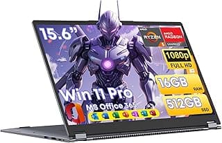 Laptop de 15,6 polegadas 2 em 1 AMD Ryzen 7430U (Beat i7-1355U) Win11 Pro, laptops tradicionais MS Office 365 16GB 512GB SSD teclado retroiluminado Full HD IPS Display 1MP Câmera Tipo-C BT