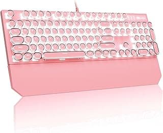 Teclado mecânico MageGee Máquina de escrever, tecla redonda rosa, retroiluminação de LED branco, com fio, descanso de pulso removível, jogos, escritório, para Windows, laptop, Mac, interruptores azuis