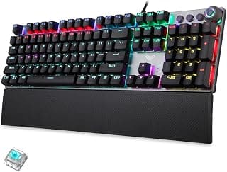 AULA Teclado mecânico verdadeiro com fio LED arco-íris retroiluminado teclado para jogos com interruptores azuis clicky descanso de pulso destacável, teclado mecânico de computador