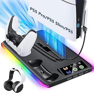 Base de Resfriamento para PS5, PS5 Pro e PS5 Slim – Suporte Dock com Controle e LED RGB (Preto)
