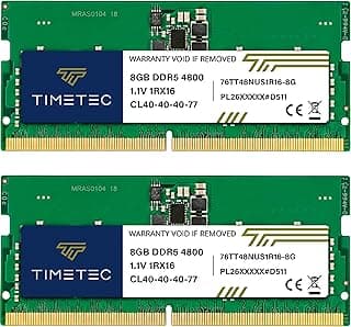 Timetec Kit de 16 GB (2 x 8 GB) DDR5 4800 MHz PC5-38400 Unbuffered Non-ECC 1,1 V CL40 1Rx16 Single Rank 262 Pin SODIMM Módulo de memória RAM (16 GB KIT (2 x 8 GB))