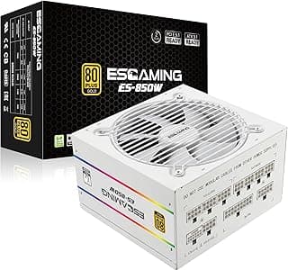 ESGAMING Fonte de alimentação 850W 80 Plus Gold ATX Gaming totalmente modular ATX 3.1 e PCIe 5.1 pronta com cabo 12V-2x6 para GPU de alta qualidade - branco