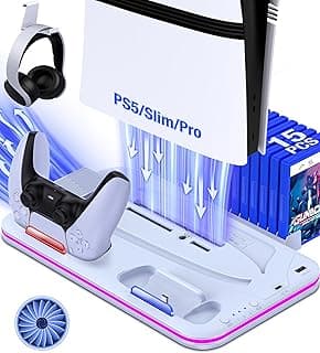 PS5/Slim/Pro Stand and Cooling Station with Controller Charging Station for PlayStation 5 Slim/Pro Console, PS5 Controller Charger, Cooling Stand, LED Light, Headset Holder for PS5 Accessories, White
