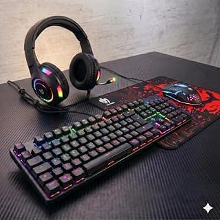 Combo Gamer Kit Completo 4x1 Teclado Semi Mecâncio RGB Rainbow ABNT2, Fone de Ouvido Headset com Microfone, Mouse 1600 DPI, Mousepad Speed